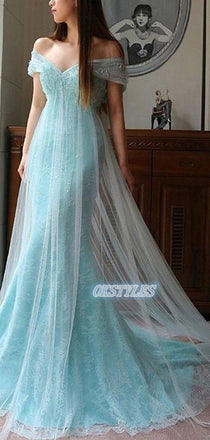 Elegant Tulle A-line Off-Shoulder V-neck Long Prom Dresses, OL072