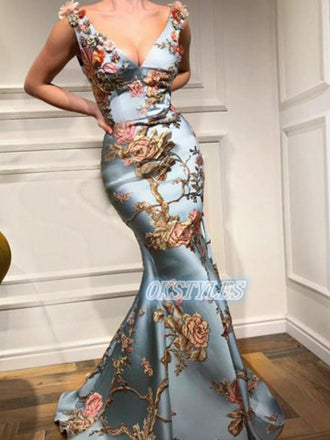 Sexy Mermaid Deep V-neck Sleeveless Applique Long Prom Dresses, OL073