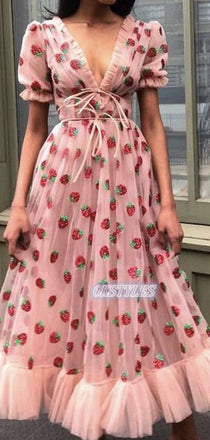 Beautiful Tulle A-line Deep V-neck Short Sleeves Long Prom Dresses,OL074