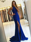 Mermaid Halter Royal Blue High Split Long Prom Dresses With Train, PD0125