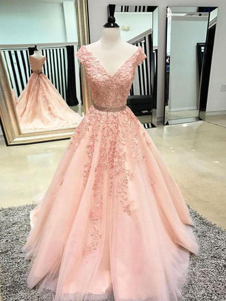 A-line V-neck Appliques Cap Sleeves Long Prom Dresses, PD0159