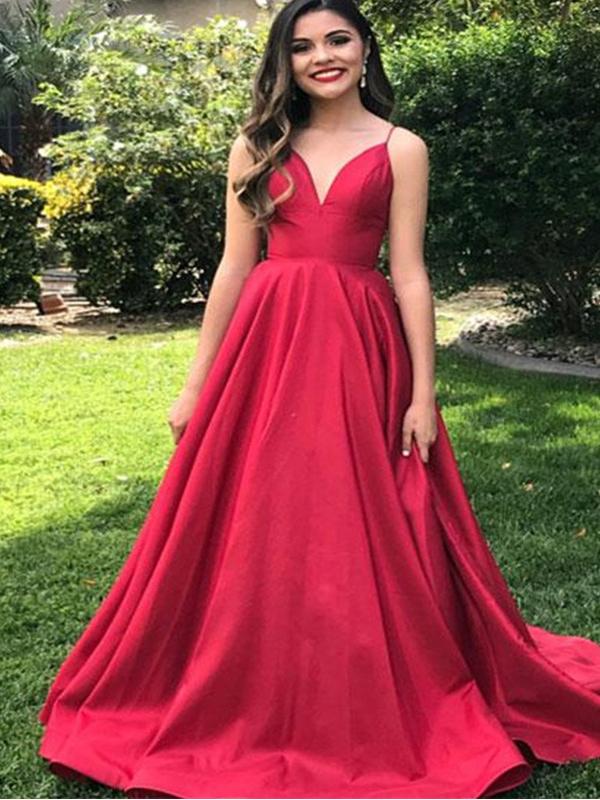 simple red prom dress Simple Red Long Prom Dresses with Pocket V Neck Cheap Prom Dress ARD20 SheerGirl
