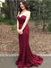 Sweetheart Mermaid Burgundy Lace Prom Dress With Train, PD0548