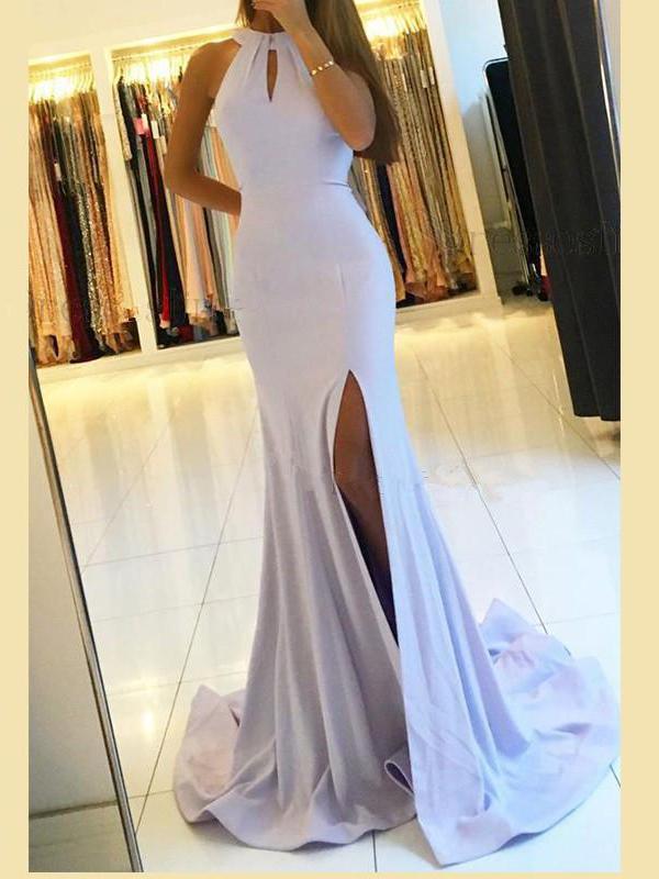 Mermaid Halter Simple Backless Prom Dresses With Split, PD0551