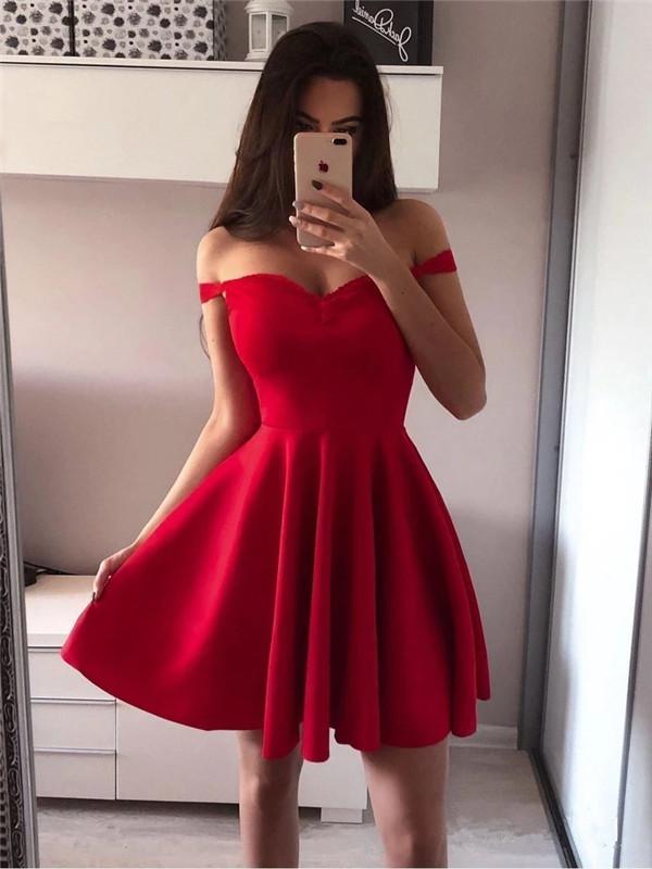 A-line Off-shoulder Red Sleeveless Simple Short Homecoming Dresses, HD MarryLover A-line Off-shoulder Red Sleeveless Simple Short Homecoming Dresses, HD MarryLover