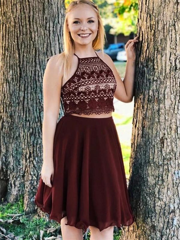 Halter Two-pieces Sleeveless Burgundy Chiffon Lace Homecoming Dresses, MarryLover Halter Two-pieces Sleeveless Burgundy Chiffon Lace Homecoming Dresses, MarryLover