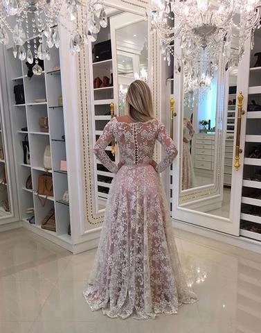 A-line Off-shoulder Long Sleeves Full Lace Long Prom Dresses, PD0607