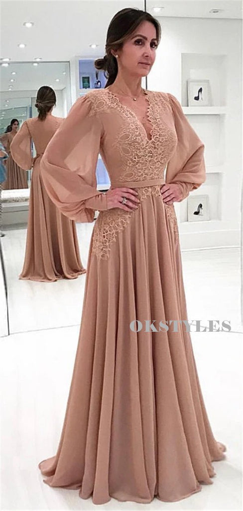 A-line V-neck Long Sleeves Lace Appliques Long Prom Dresses, PD0621