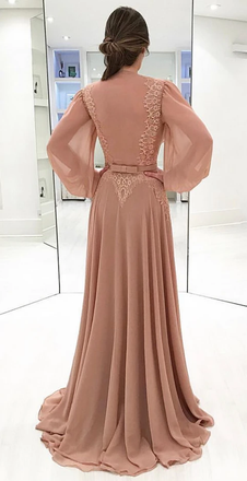 A-line V-neck Long Sleeves Lace Appliques Long Prom Dresses, PD0621
