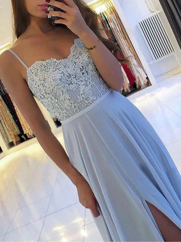 A-line Spaghetti Straps Lace Top Long Chiffon Prom Dresses With Split, MarryLover A-line Spaghetti Straps Lace Top Long Chiffon Prom Dresses With Split, MarryLover