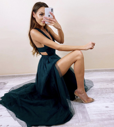 A-line V-neck Sleeveless Sexy Long Tulle Prom Dresses With Split, PD0635