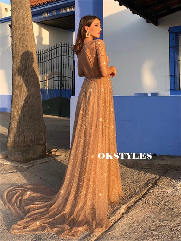Sparkly A-line V-neck 3/4 Sleeves Open-back Long Prom Dresses, PD0653