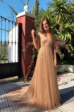 Sparkly A-line V-neck 3/4 Sleeves Open-back Long Prom Dresses, PD0653