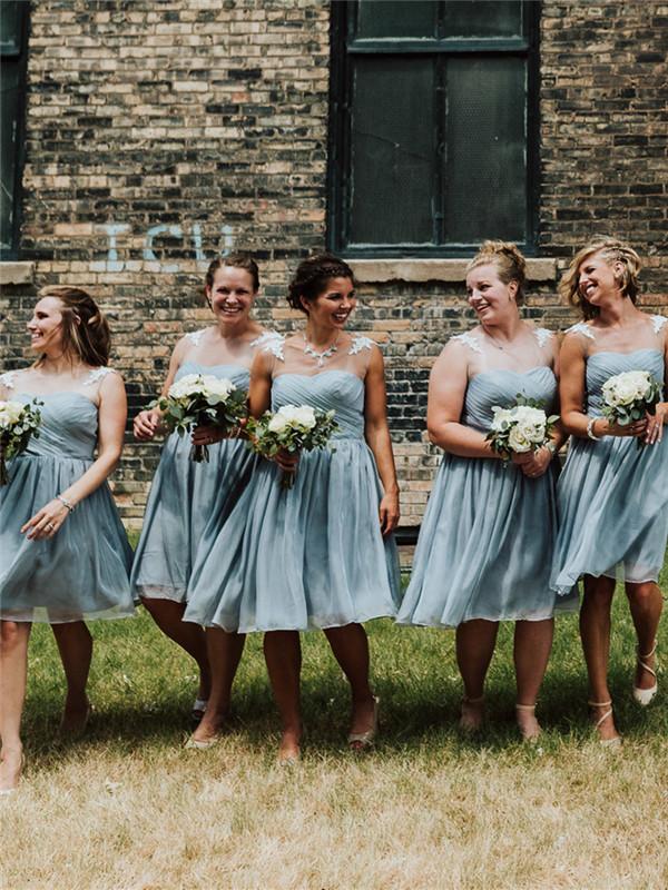 A-line Beteau Neck Appliques Short Chiffon Bridesmaid Dresses With Ple MarryLover A-line Beteau Neck Appliques Short Chiffon Bridesmaid Dresses With Ple MarryLover