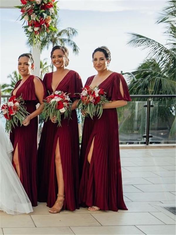 A-line V-neck Short Sleeves Split Long Bridesmaid Dresses With Pleats, BD0630