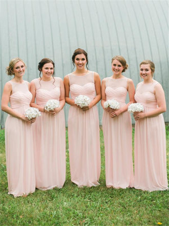 A-line Floor-length Sleeveless V-neck Long Chiffon Bridesmaid Dresses, BD0634