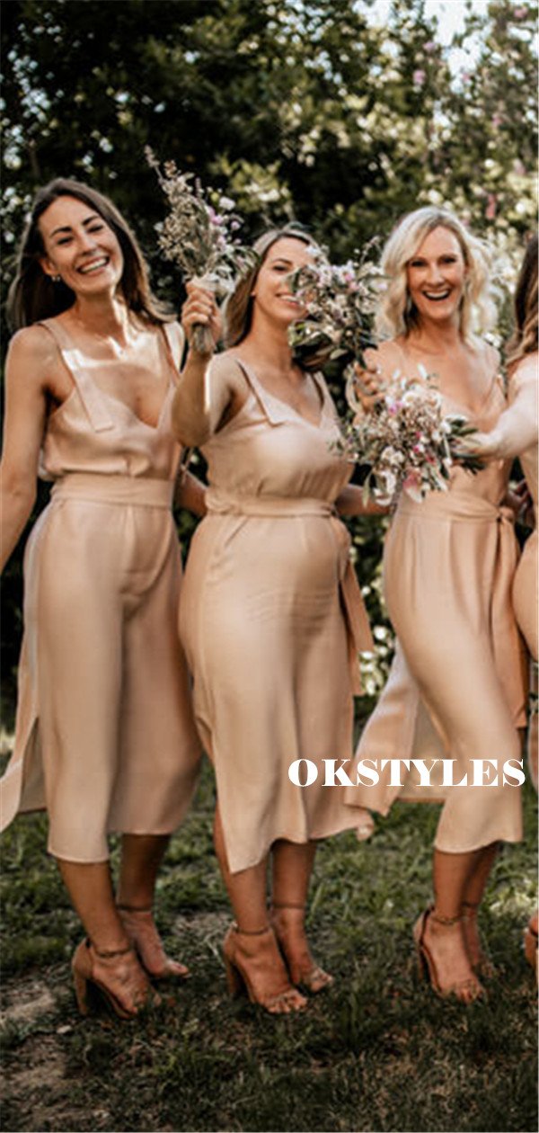 bridesmaid dresses with belt Sheath V-neck Sleeveless Belt Short Bridesmaid Dresses With Split, BD0 MarryLover