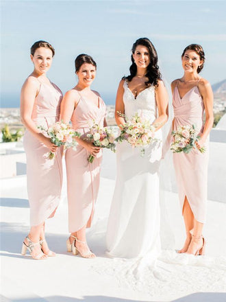 Sheath Spaghetti Straps Short Pleats Bridesmaid Dresses With SPlit, BD0646