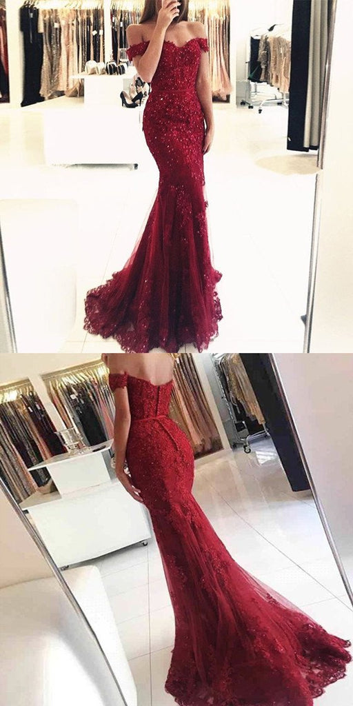 Mermaid Off-Shoulder Burgundy Appliques Beading Tulle Long Prom Dress, PD0122