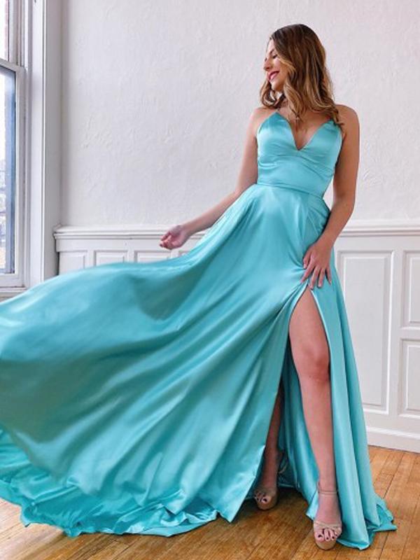 A-line V Neck Lace Up Back Side Slit Evening Party Dresses, Long Prom MarryLover A-line V Neck Lace Up Back Side Slit Evening Party Dresses, Long Prom MarryLover