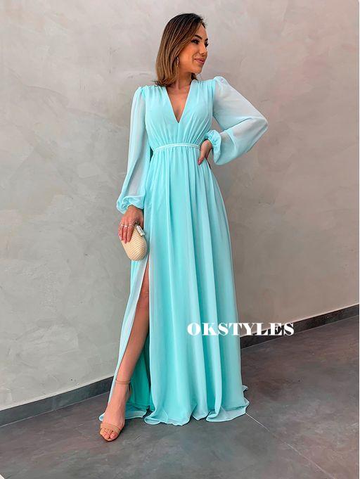 A-line V-neck Long Sleeves Long Chiffon Prom Dresses With Split, PD062 MarryLover A-line V-neck Long Sleeves Long Chiffon Prom Dresses With Split, PD062 MarryLover