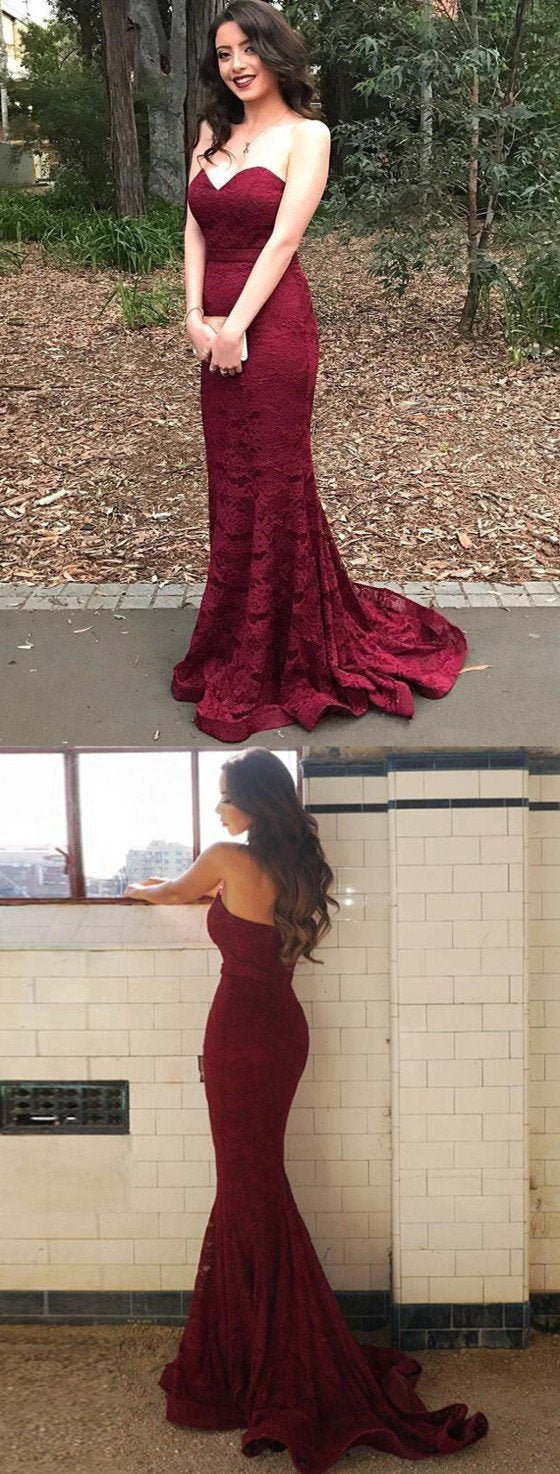 Sweetheart Mermaid Burgundy Lace Prom Dress With Train, PD0548 MarryLover Sweetheart Mermaid Burgundy Lace Prom Dress With Train, PD0548 MarryLover