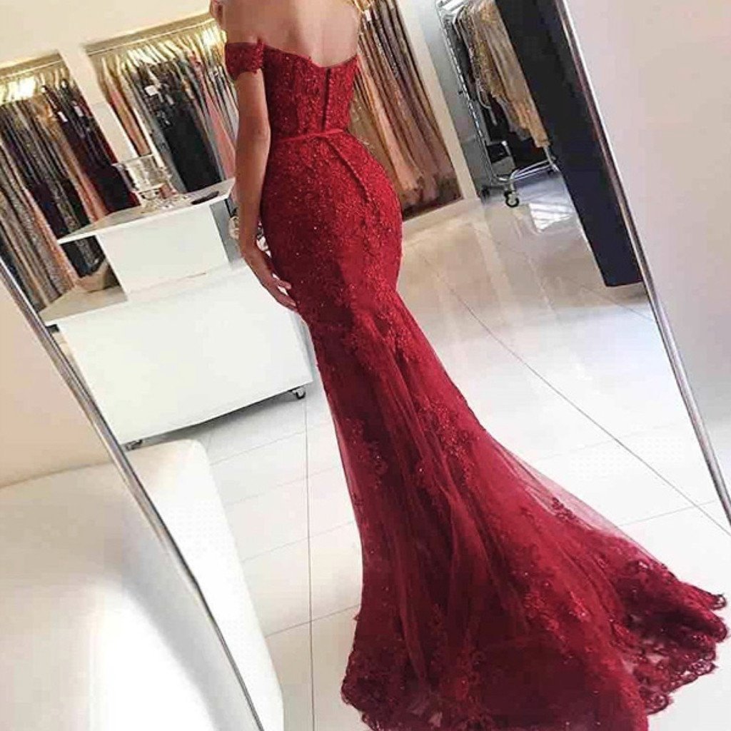 Mermaid Off-Shoulder Burgundy Appliques Beading Tulle Long Prom Dress, PD0122