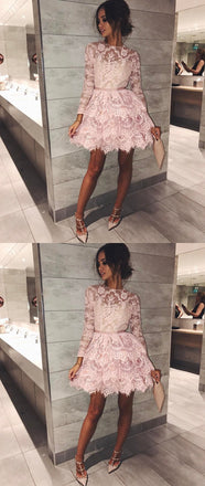 A-line Long Sleeves Lace See-though Short Homecoming Dresses, HD0500