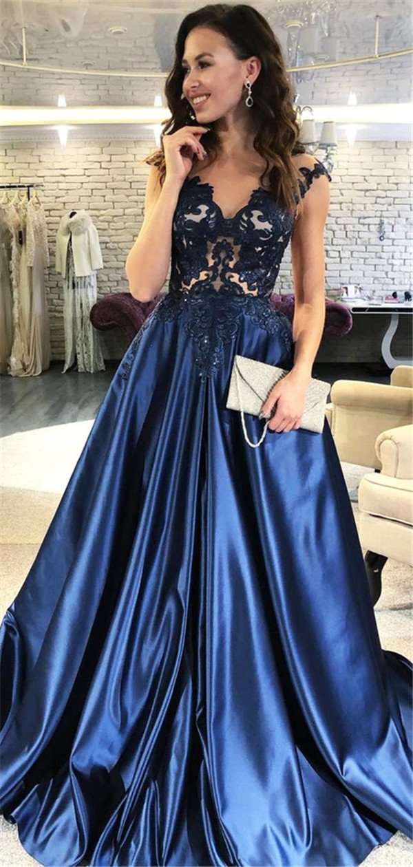 A-line Cap Sleeves See-though Appliques Long Navy Blue Prom Dresses, P MarryLover A-line Cap Sleeves See-though Appliques Long Navy Blue Prom Dresses, P MarryLover