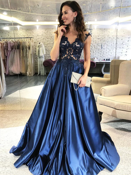 A-line Cap Sleeves See-though Appliques Long Navy Blue Prom Dresses, P – MarryLover