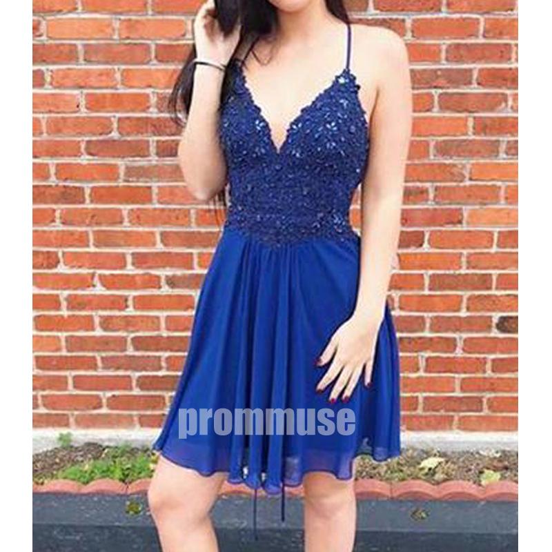 Elegant Navy Blue Chiffon Spaghetti Strap Short Homecoming Dresses, HC MarryLover Elegant Navy Blue Chiffon Spaghetti Strap Short Homecoming Dresses, HC MarryLover