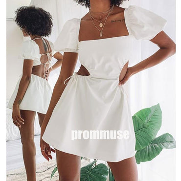 Unique White Square Open Back Short Homecoming Dresses, HCD007