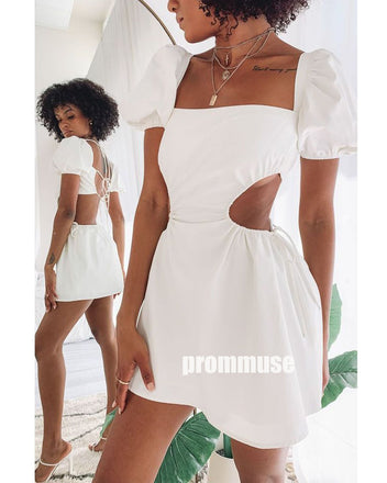 Unique White Square Open Back Short Homecoming Dresses, HCD007