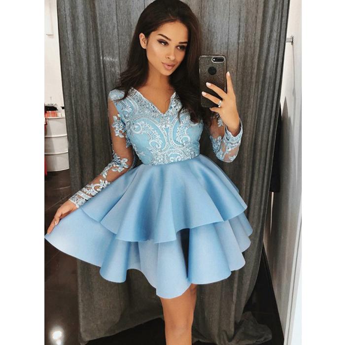 Blue Lace Satin Long Sleeves Cute Short Homecoming Dresses, BH120 - Bubble Gown