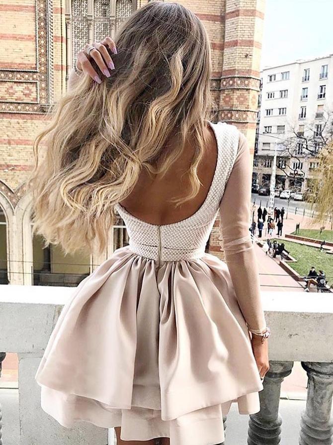 long sleeve backless homecoming dress Short Sheath V-Neck Lace Homecoming Dresses Long Sleeves Backless Cocktail Dresses