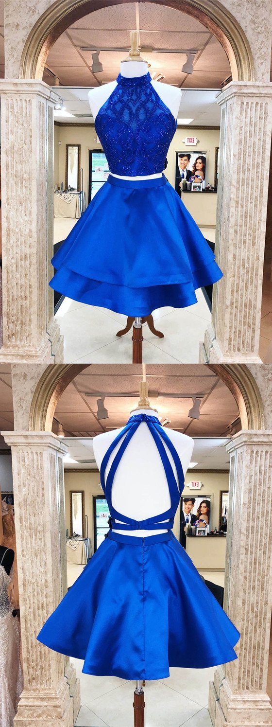 New Arrival Two Pieces Halter Blue Beading Backless Homecoming Dresses MarryLover New Arrival Two Pieces Halter Blue Beading Backless Homecoming Dresses MarryLover