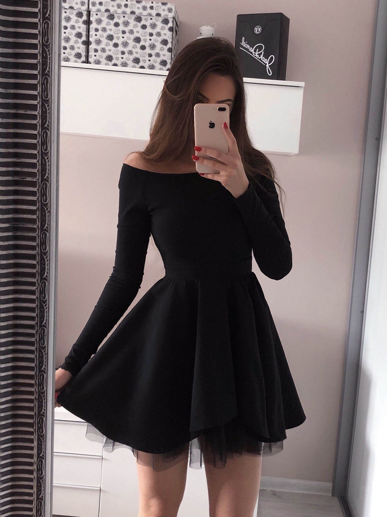 Off-shoulder Long Sleeves Simple Short Tulle Homecoming Dresses, HD046 MarryLover Off-shoulder Long Sleeves Simple Short Tulle Homecoming Dresses, HD046 MarryLover