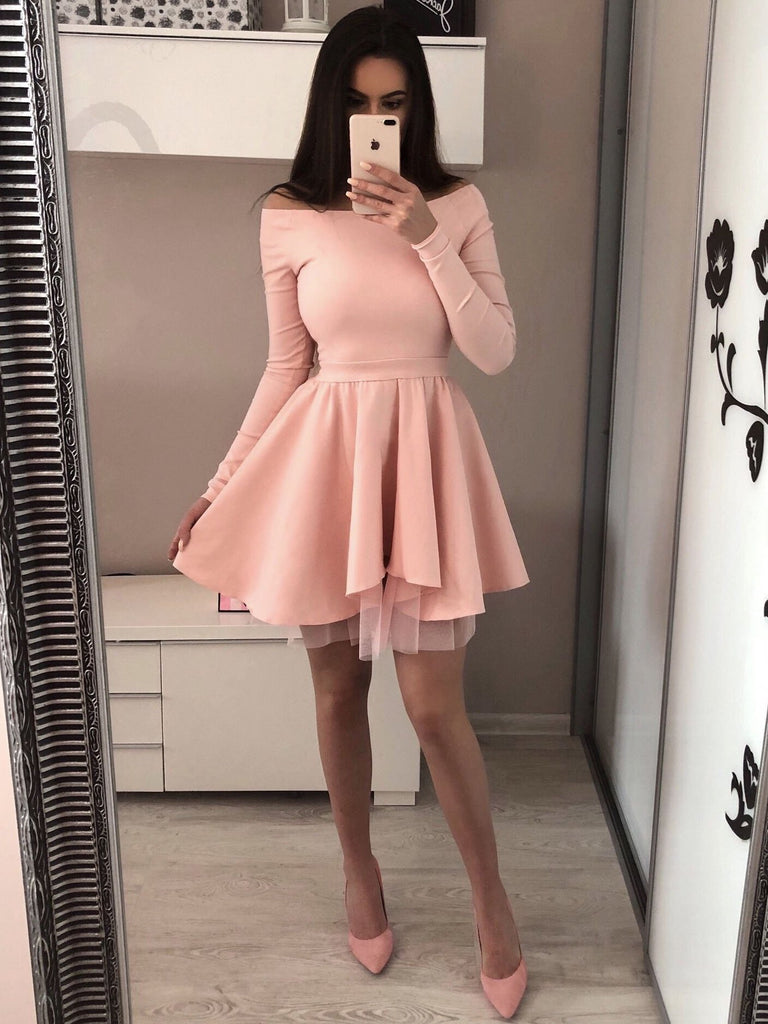 Off-shoulder Long Sleeves Simple Short Tulle Homecoming Dresses, HD046 MarryLover Off-shoulder Long Sleeves Simple Short Tulle Homecoming Dresses, HD046 MarryLover