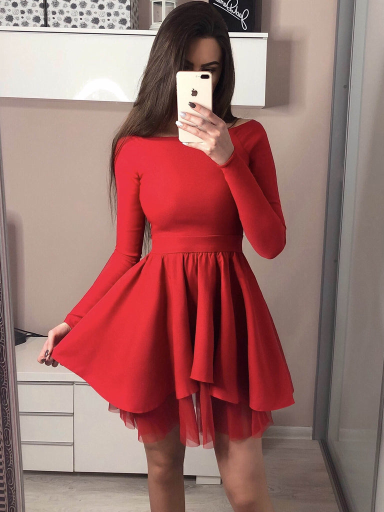 Off-shoulder Long Sleeves Simple Short Tulle Homecoming Dresses, HD046 MarryLover Off-shoulder Long Sleeves Simple Short Tulle Homecoming Dresses, HD046 MarryLover