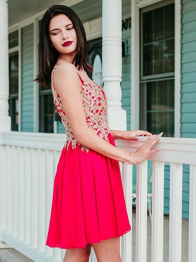 Newest A-line V-neck Appliques Red Chiffon Short  Homecoming Dresses, HD0473