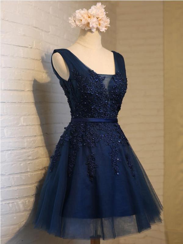 V Neck Navy Lace Beaded Short Homecoming Dresses Online, CM678 MarryLover V Neck Navy Lace Beaded Short Homecoming Dresses Online, CM678 MarryLover