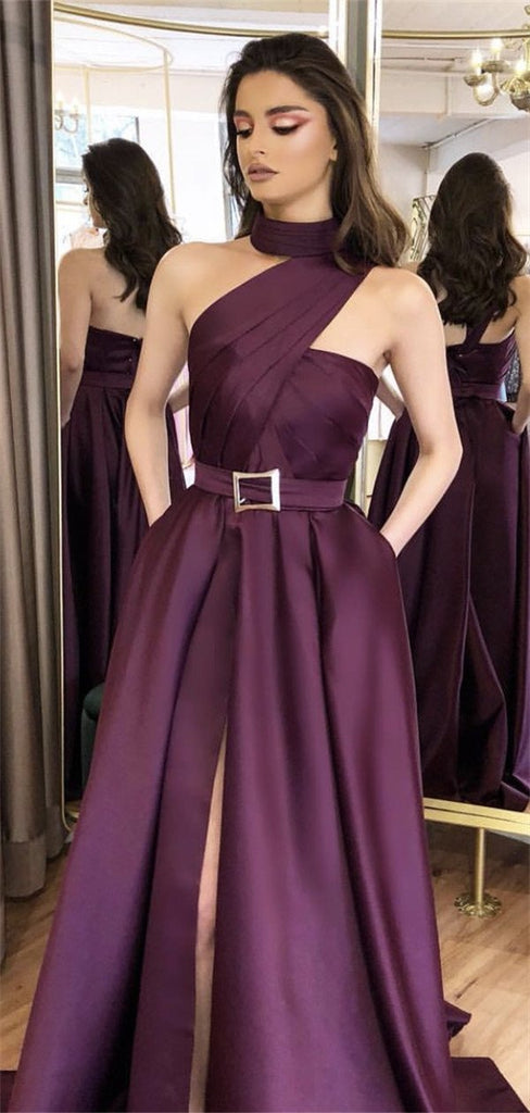 A-line One-shoulder High-neck Split Prom Dresses With Pockets, PD0575