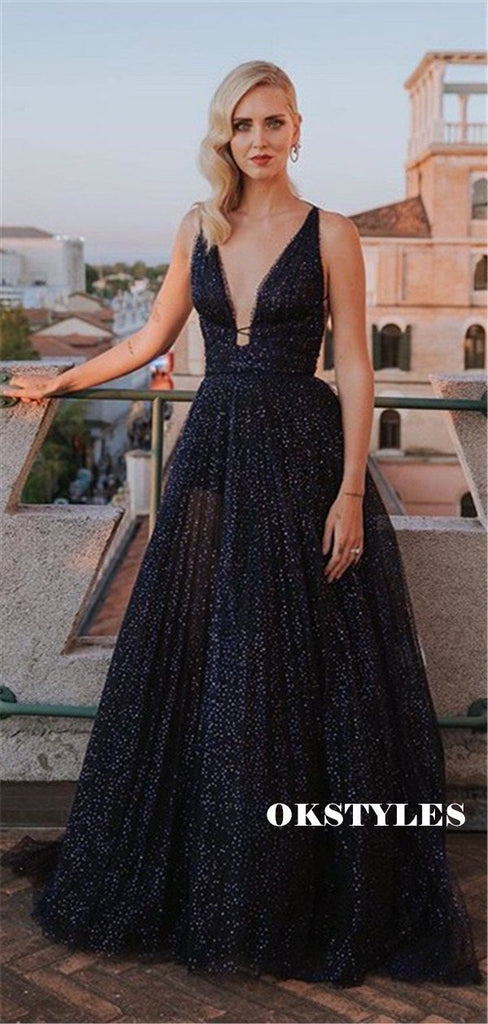 A-line Deep V-neck Sleeveless Long Tulle Sparkly Prom Dresses, PD0579