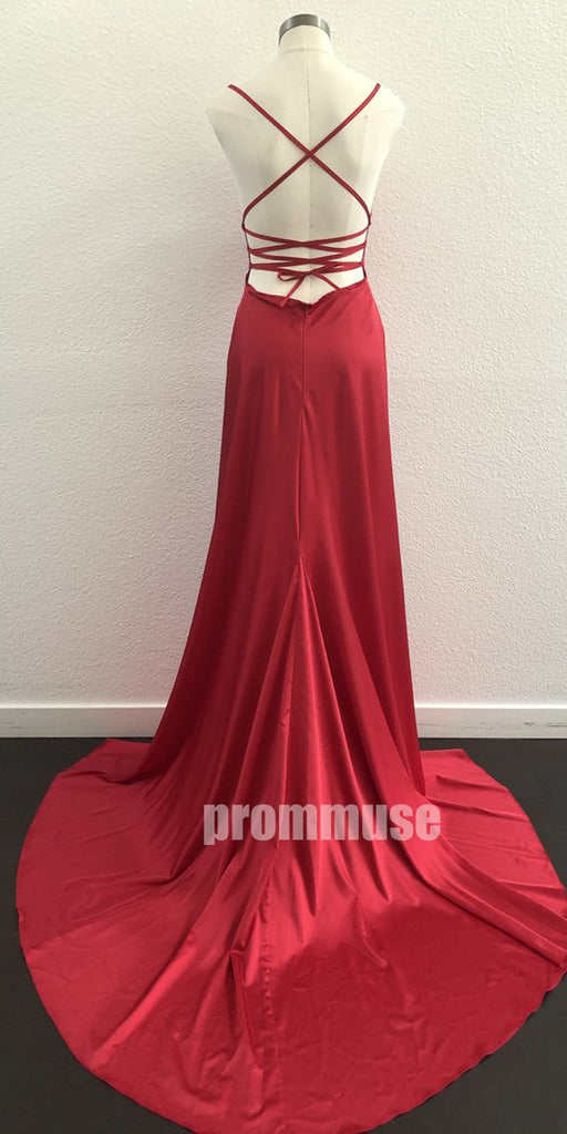 Sexy Red V Neck Spaghetti Strap Long Prom Dresses LPD004