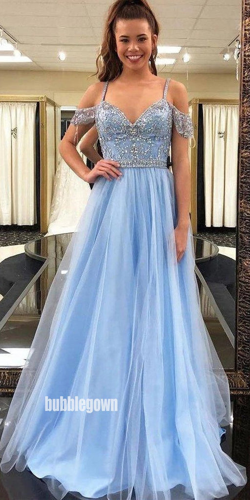 Blue Sweetheart Delicate Beading Tulle Long Prom Dresses FP1179