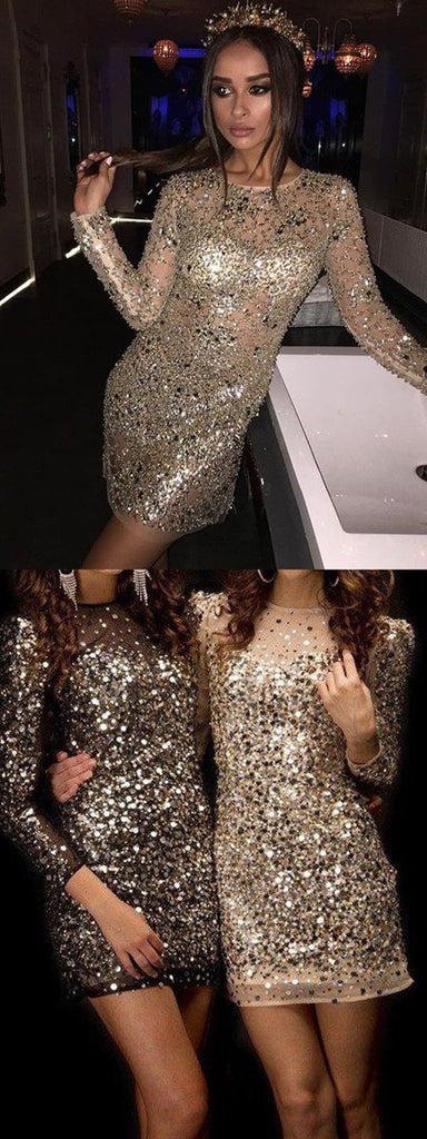 Sparkly Round Neck Beading Long Sleeves Sexy Short Homecoming Dresses, HD0491