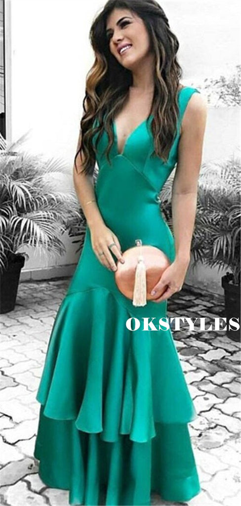 Mermaid V-neck Backless Long Cheap Prom Dresses With Ruffles, PD0600