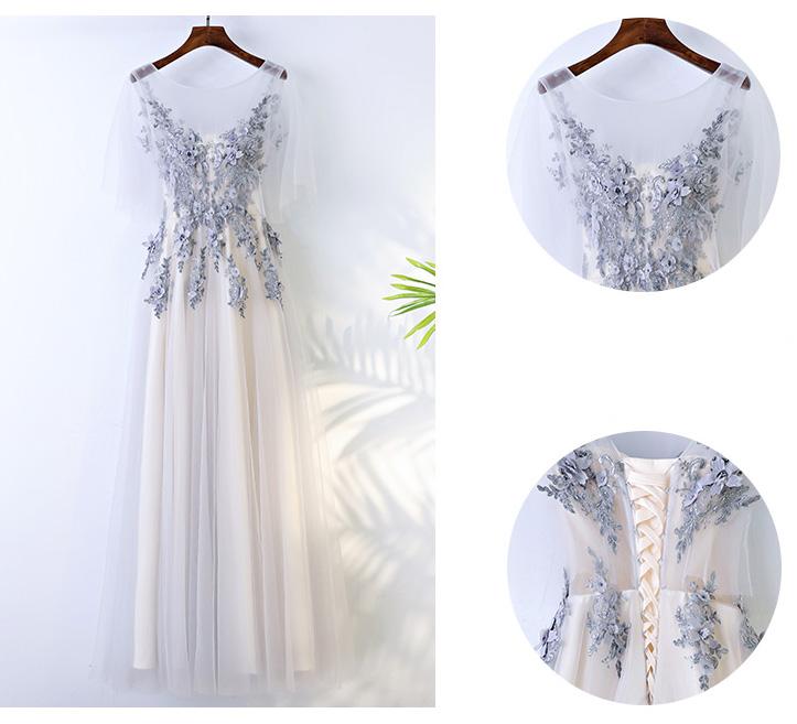 Beautiful Half Sleeves Tulle Applique Elegant Cheap Long Prom Dresses, BGP022 - Bubble Gown
