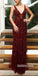 Burgundy V Neck Formal V Back Elegant Evening Long Prom Dress, BGP094