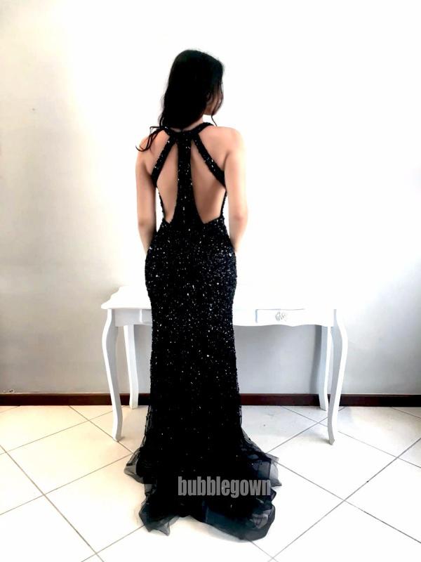Black Mermaid Open Back Sexy Sparkly Beaded Long Evening Prom Dress, BGP046